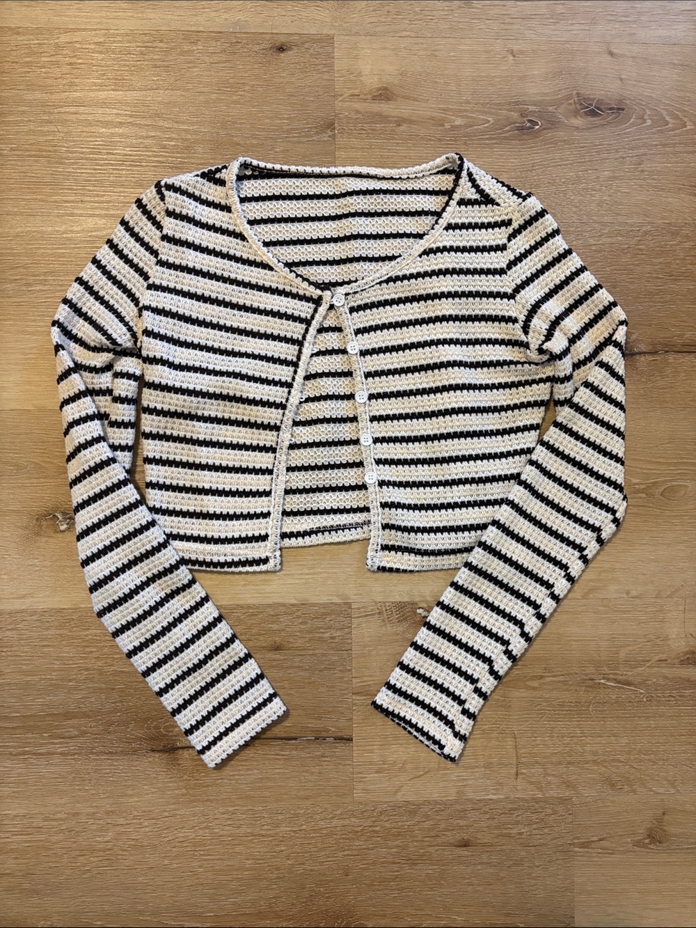 Cropped Black & White Striped Crochet Button Up Cardigan
